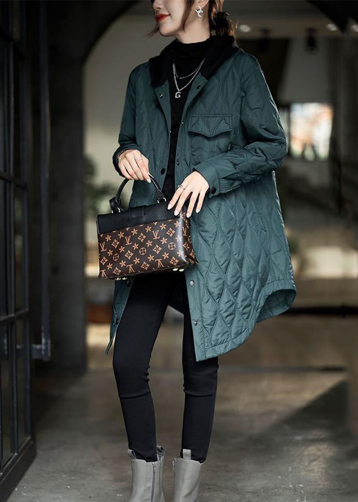 Peacock Green Hooded Pockets Cotton Filled Coats Winter