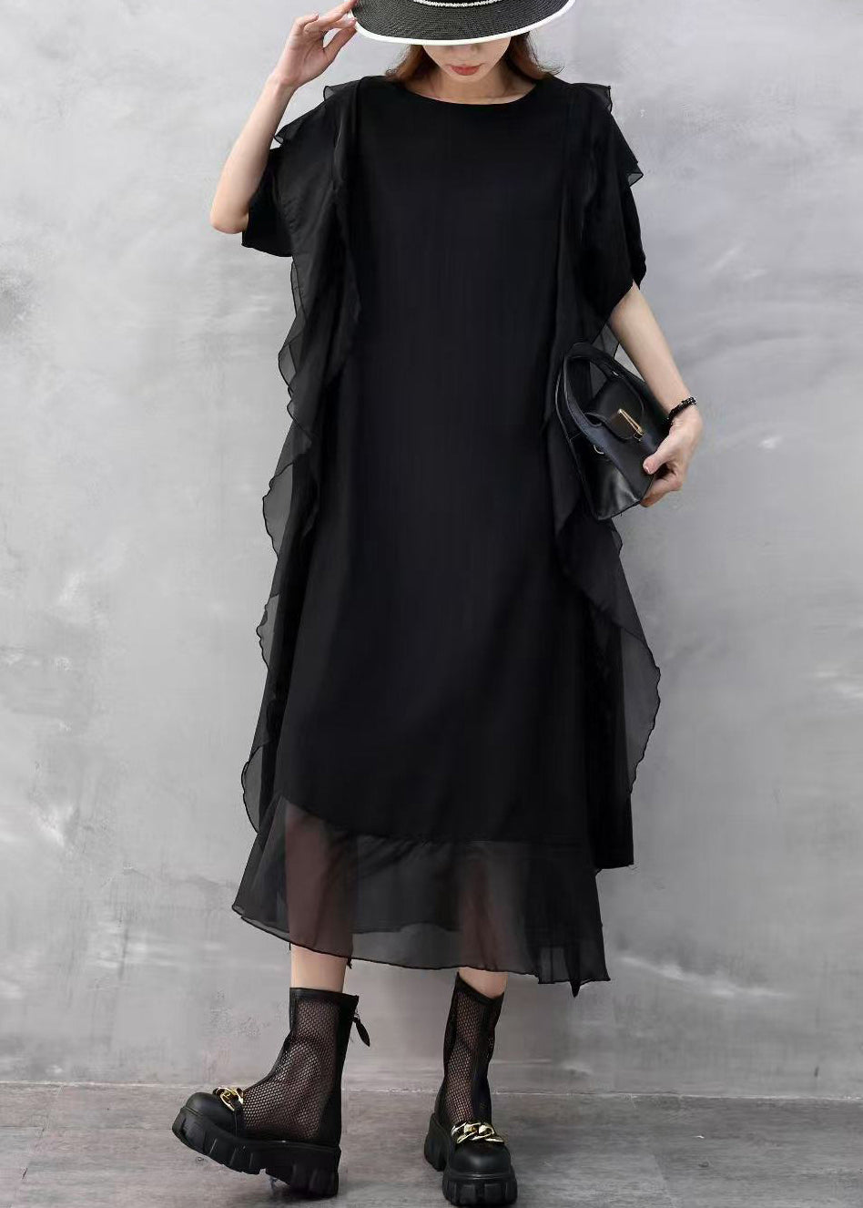 Black Pockets Chiffon Summer Dresses O Neck