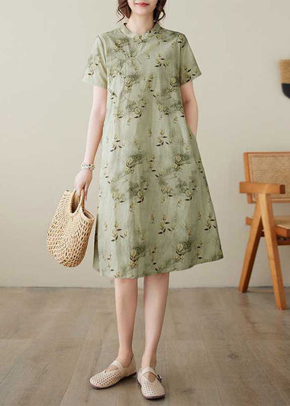 Green Stand Collar Print Button Cotton Dress Summer