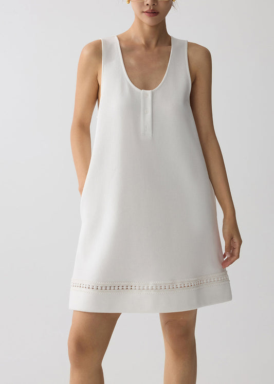 White U Neck Hollow Out Cotton Mini Dress Summer