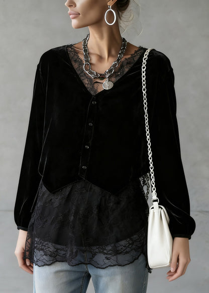 Black V Neck Lace Patchwork Velour Shirt Spring