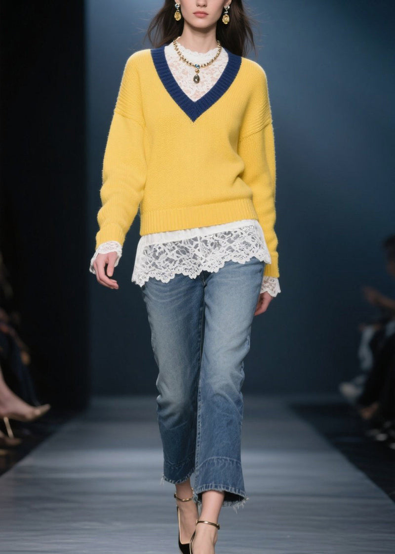 Yellow V Neck Warm Knitted Tops Winter