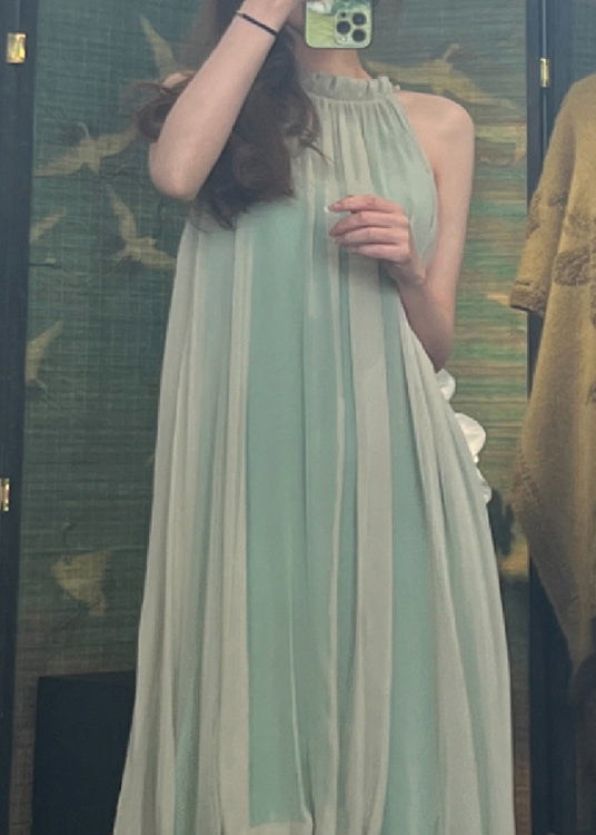 Boutique Green Halter Wrinkled Silk Dress Sleeveless