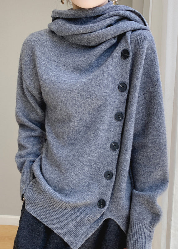 Coffee Scarf Collar Button Patchwork Wool Sweaters Spring