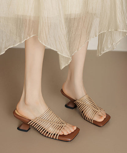 Beige Wedge Faux Leather Splicing Slide Sandals