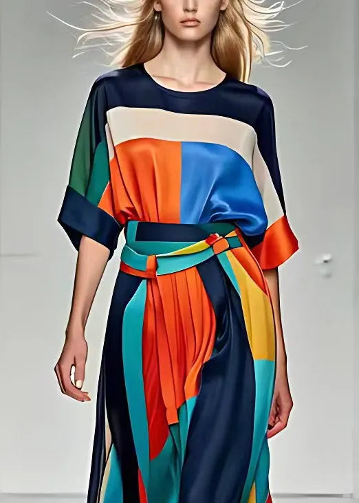 French Print Tops and High Waist Skirts Silk Two Pieces Set Half Sleeve