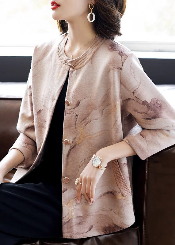 Pink O-neck Print Button Cotton Knit Coats Three Quarter Sleeve