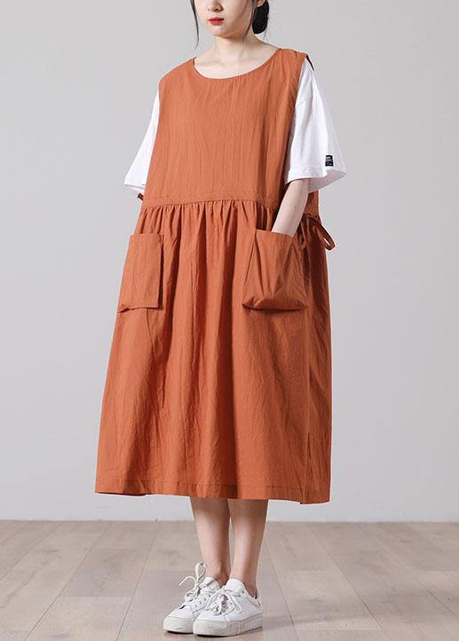 Pockets Orange Mid Big Hem Summer Cotton Dress