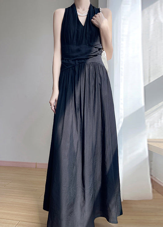 Black Wrinkled Cotton Maxi Dresses V Neck Summer