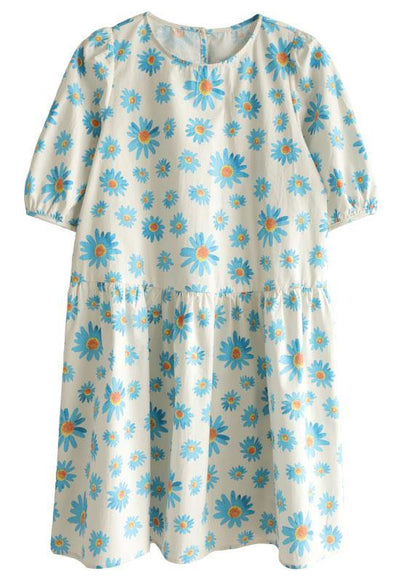 Blue O-neck Print Summer Cotton Half Sleeve Dresses