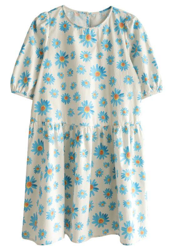Blue O-neck Print Summer Cotton Half Sleeve Dresses