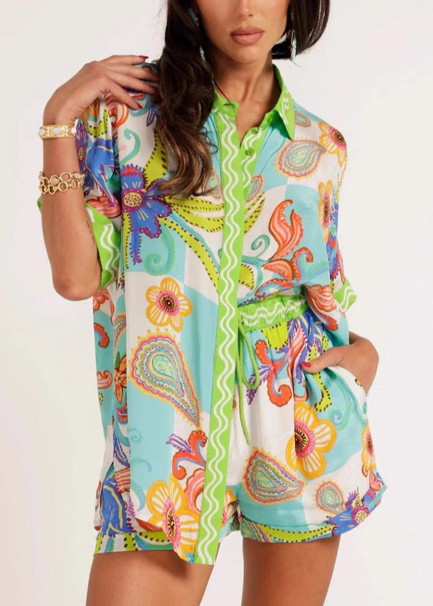 Green Print Shirts and Shorts Two Pieces Set Short Sleeve
