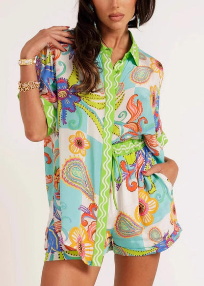 Green Print Shirts and Shorts Two Pieces Set Short Sleeve