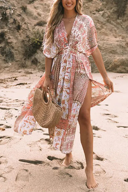 Print Bat Slit Maxi Dress