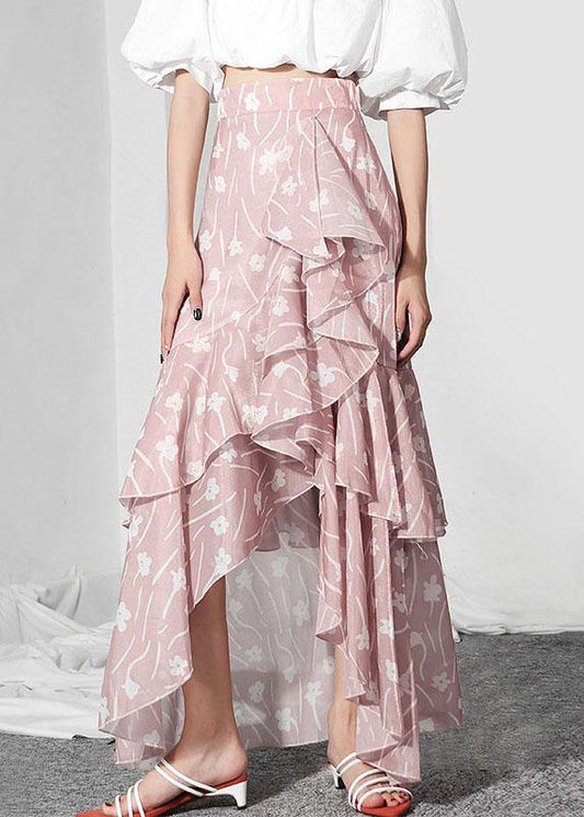 Pink Print Ruffles Asymmetrical Design Mermaid Skirt