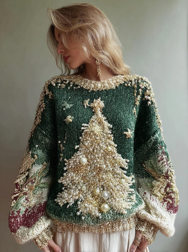 Comstylish Women's Christmas Tree And Decorations Art Crew Neck Cozy Sweater