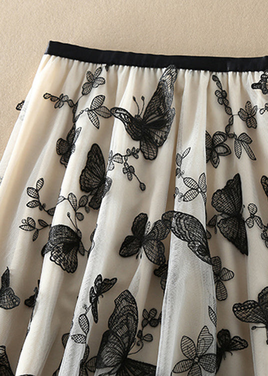 Beige Embroideried Butterfly Tulle Skirts Spring