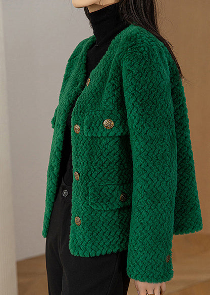 Green O-neck Button Woolen Coat Long Sleeve