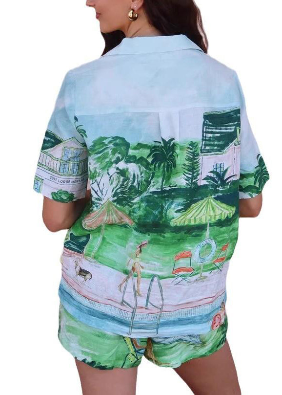 French Blue Print Shirts and Shorts Two Piece Set Short Sleeve