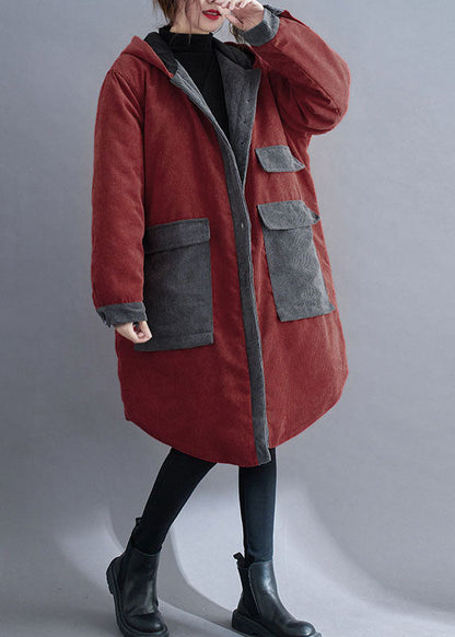 Red Hooded Button Corduroy Winter Cotton Long Coat Sleeve