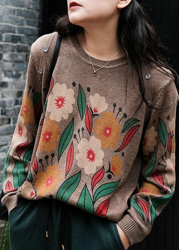 Italian Khaki O-neck Print Button Fall Sweater