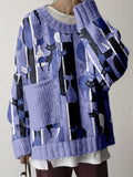 Color Block Cats Pattern Big Pocket Cozy Sweater elevenforest