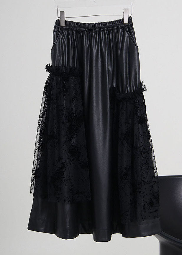 Black Elastic Waist Lace Patchwork Faux Leather Skirt Spring
