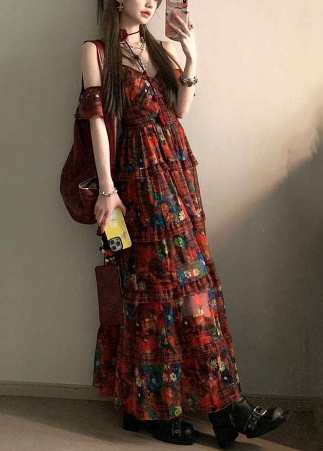 Red V Neck Print Holiday Long Dresses Summer