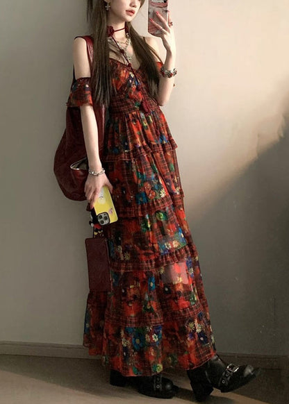 Red V Neck Print Holiday Long Dresses Summer
