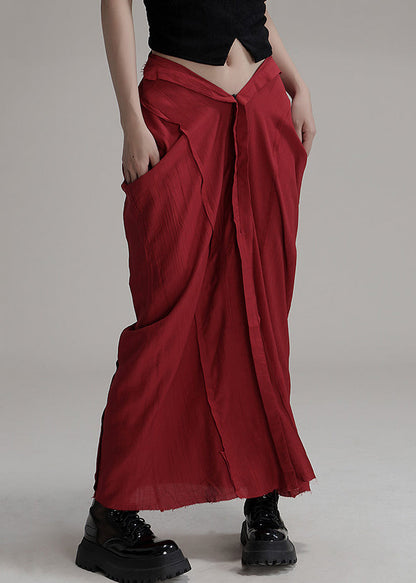 Red Asymmetrical Pockets Cotton Maxi Skirts Spring