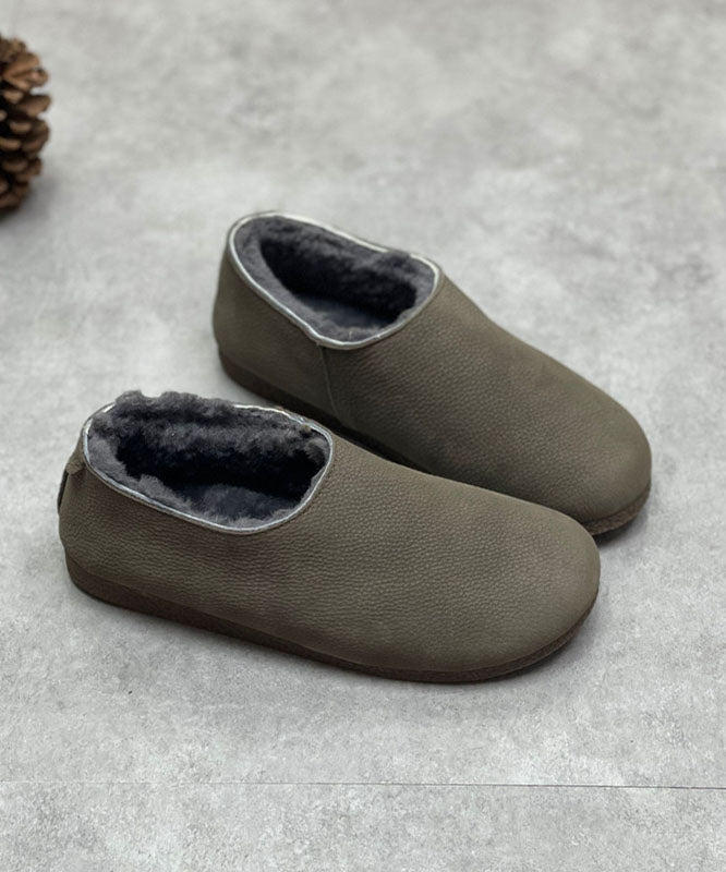 Coffee Boots Cowhide Leather Fuzzy Wool Lined Flat Boots