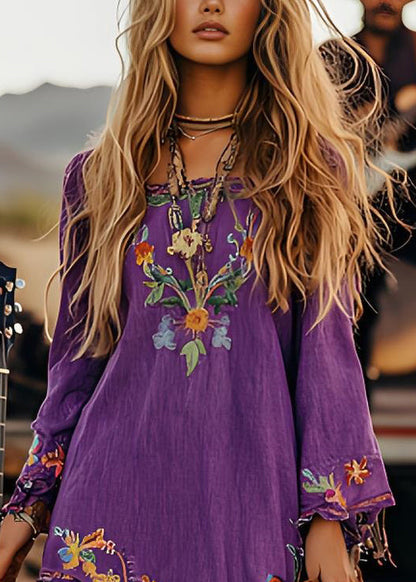 Purple Print Cotton Mid Dresses Long Sleeve