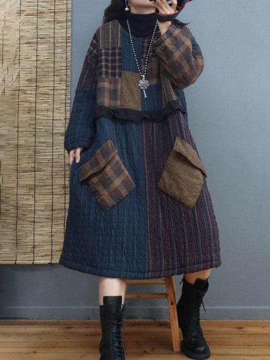 Thick Plaid Large Pocket Round Neck Padded Dress