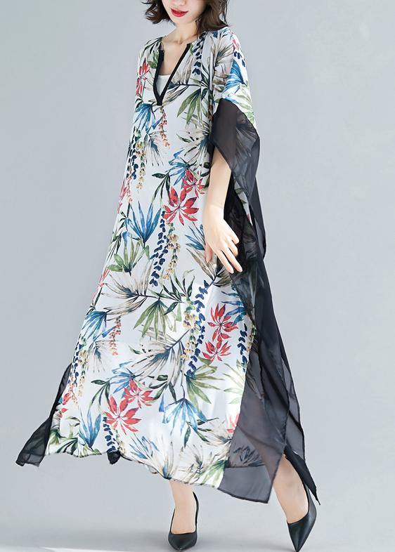 Flowy V Neck Patchwork Chiffon Outfit Online Shopping White Print Kaftan Dresses Summer