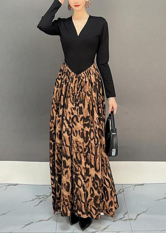 Colorblock V Neck Print Patchwork Long Dress Fall