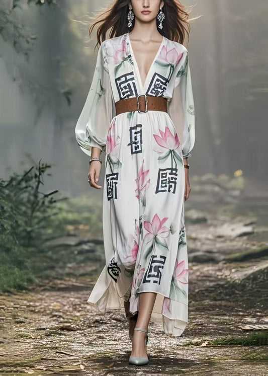 White Lotus Print Silk Holiday Tunic Dress Spring