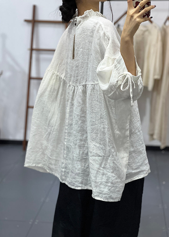 White Ruffled Oversized Cotton Blouses Half Sleeve