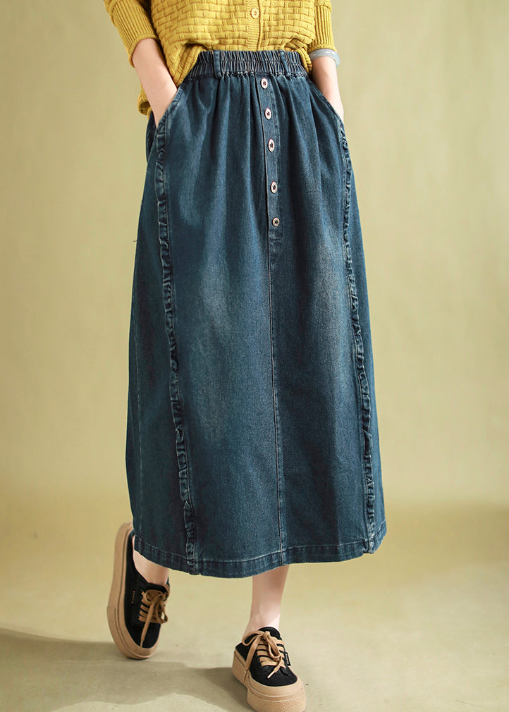 Blue Ruffled Button Denim a Line Skirt Spring