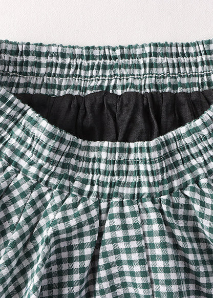 Green White Plaid Asymmetrical High Waist Cotton a Line Skirt Fall