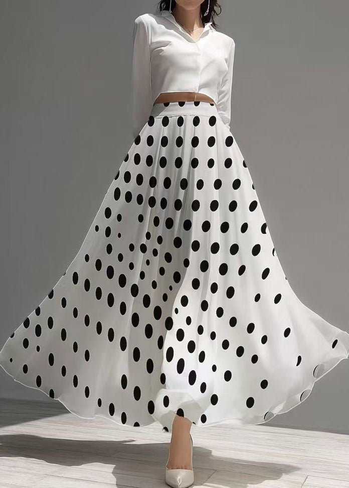 White Dot Print Exra Large Hem Chiffon Skirt Summer