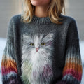 Cute Fuzzy Cat Embroidered Crew Neck Cozy Sweater elevenforest