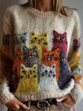 Vintage Colorful Crowded Cats Cozy Knit Sweater elevenforest