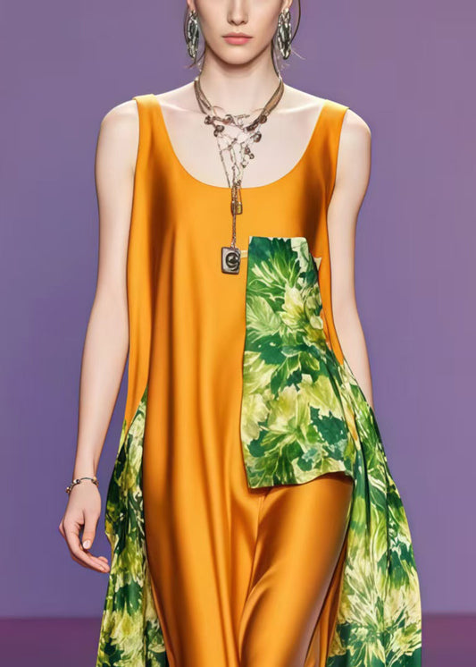 Caramel Asymmetrical Patchwork Silk Dress Sleeveless