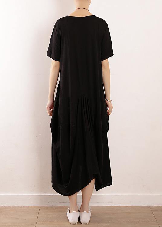 French Black Linen Quilting Dresses Fitted Sleeve Big Hem a Line Summer Dress