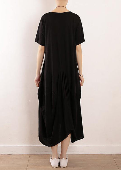 French Black Linen Quilting Dresses Fitted Sleeve Big Hem a Line Summer Dress