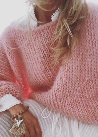 Organic Pink O-neck Ma Hai Mao Cotton Knitted Sweaters Tops Fall