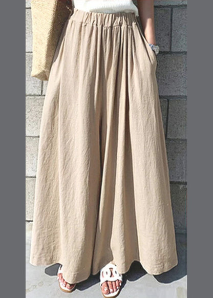 Khaki Elastic Waist Color Cotton Wide Leg Pants Summer