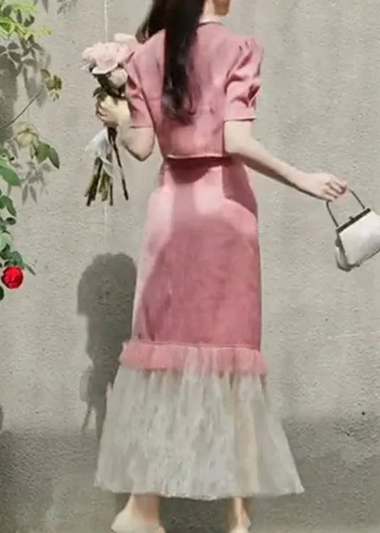 French Pink Tulle Patchwork Tops and Skirts Two Pieces Summer