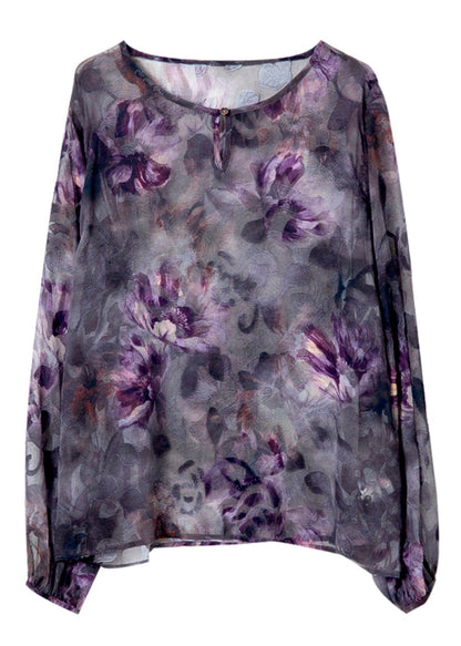 Stylish Purple O-neck Print Chiffon Top Spring
