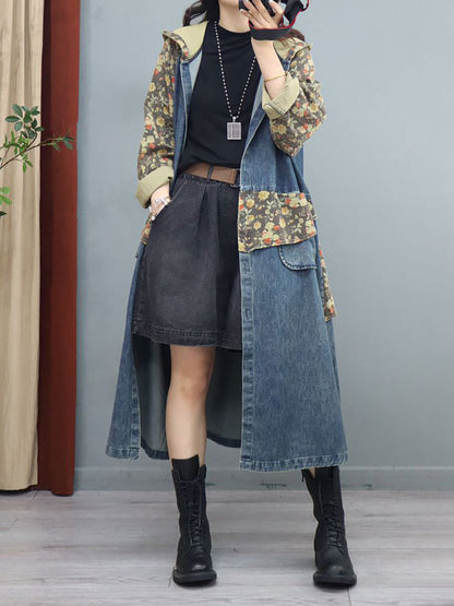 Denim Patchwork Print Hooded Long Coat